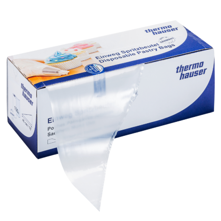 op. 100 szt. Transparentne worki cukiernicze - dł. 46 cm x gr. 75 µ - jednorazowe rękawy na rolce - nr. kat. 17030 Thermohauser