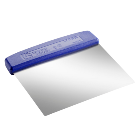 Stalowa skrobka cukiernicza z niebieskim uchwytem z tworzywa - dł. 13.5 x szer. 13.5 cm - nr. kat. 68615 Thermohauser