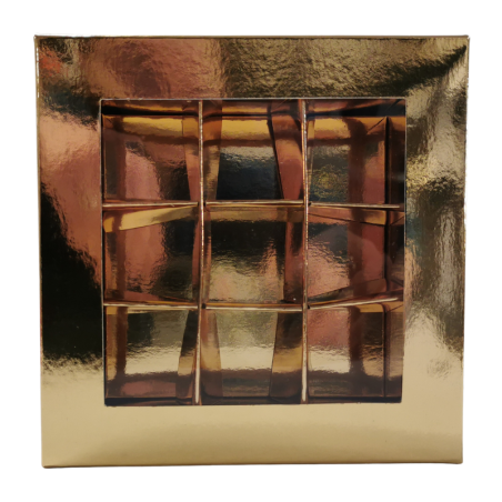 1 szt. Złote pudełko na praliny - dł. 140 x szer. 140 x wys. 40 mm - dekoracyjne opakowanie z okienkiem