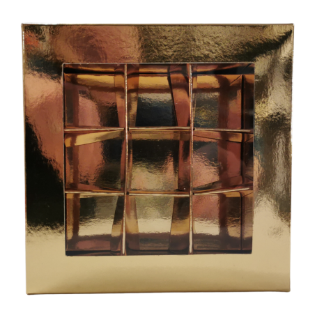 1 szt. Złote pudełko na praliny - dł. 140 x szer. 140 x wys. 40 mm - dekoracyjne opakowanie z okienkiem