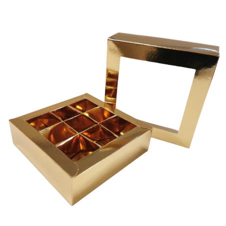 1 szt. Złote pudełko na praliny - dł. 140 x szer. 140 x wys. 40 mm - dekoracyjne opakowanie z okienkiem