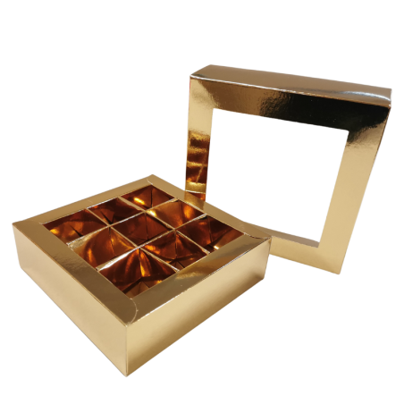 1 szt. Złote pudełko na praliny - dł. 140 x szer. 140 x wys. 40 mm - dekoracyjne opakowanie z okienkiem