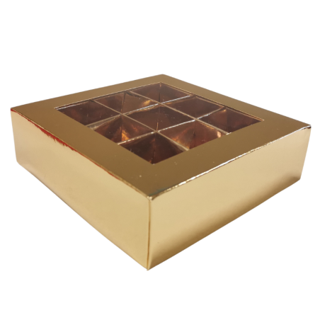 1 szt. Złote pudełko na praliny - dł. 140 x szer. 140 x wys. 40 mm - dekoracyjne opakowanie z okienkiem