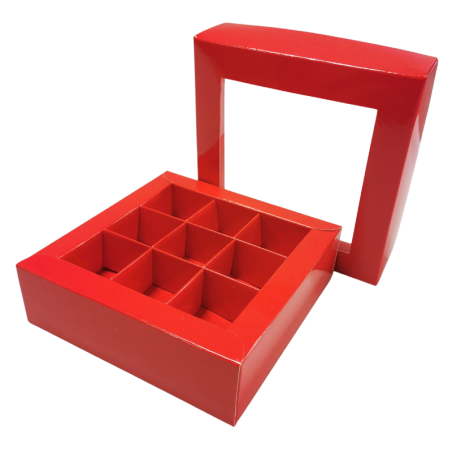1 szt. Czerwone pudełko na praliny - dł. 140 x szer. 140 x wys. 40 mm - dekoracyjne opakowanie z okienkiem