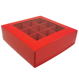 1 szt. Czerwone pudełko na praliny - dł. 140 x szer. 140 x wys. 40 mm - dekoracyjne opakowanie z okienkiem