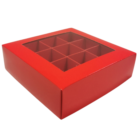 1 szt. Czerwone pudełko na praliny - dł. 140 x szer. 140 x wys. 40 mm - dekoracyjne opakowanie z okienkiem