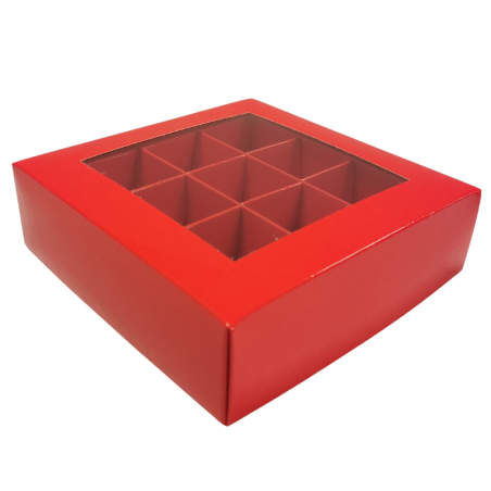 1 szt. Czerwone pudełko na praliny - dł. 140 x szer. 140 x wys. 40 mm - dekoracyjne opakowanie z okienkiem