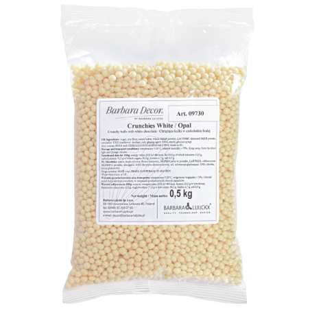 op. 0.5 kg CRUNCHIES WHITE OPAL 09730 BARBARA DECOR chrupiące kuleczki ryżowe w białej czekoladzie - śr. 4 mm