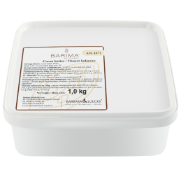 op. 1 kg COCOA BUTTER 2371 BARIMA ARTISANAL rafinowany i dezodoryzowany tłuszcz kakaowy w postaci pastylek o śr. 8 mm