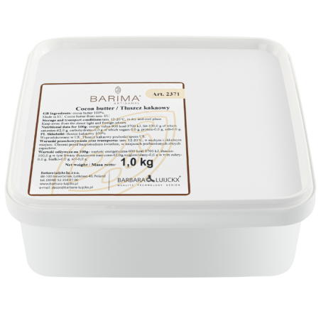 op. 1 kg COCOA BUTTER 2371 BARIMA ARTISANAL rafinowany i dezodoryzowany tłuszcz kakaowy w postaci pastylek o śr. 8 mm