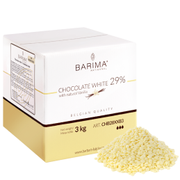 biała czekolada w postaci drobnych pastylek z naturalnym aromatem waniliowym