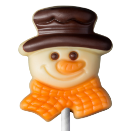 op. 15 g Głowa bałwanka w kapeluszu i zimowym szaliku - dekoracyjny lizak z mlecznej czekolady - dł. 150 mm