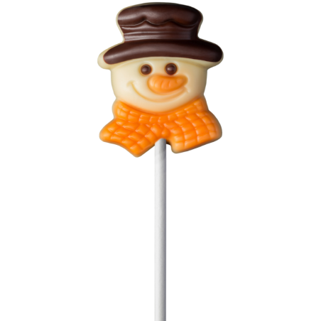 op. 15 g Głowa bałwanka w kapeluszu i zimowym szaliku - dekoracyjny lizak z mlecznej czekolady - dł. 150 mm