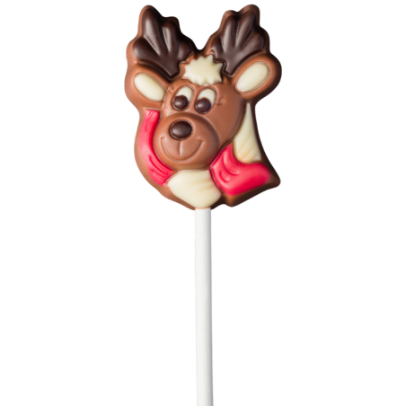 op. 15 g Głowa renifera w zimowym szaliku - dekoracyjny lizak z mlecznej czekolady - dł. 150 mm