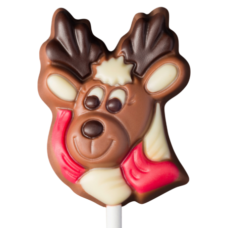 op. 15 g Głowa renifera w zimowym szaliku - dekoracyjny lizak z mlecznej czekolady - dł. 150 mm
