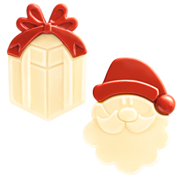 126 szt. ZESTAW MIKOŁAJ I PREZENTY 33742 BARBARA DECOR bożonarodzeniowa dekoracja z białej czekolady 25 x 36 mm