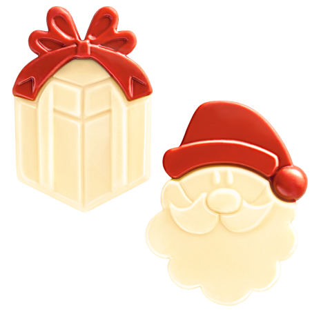 126 szt. ZESTAW MIKOŁAJ I PREZENTY 33742 BARBARA DECOR bożonarodzeniowa dekoracja z białej czekolady 25 x 36 mm