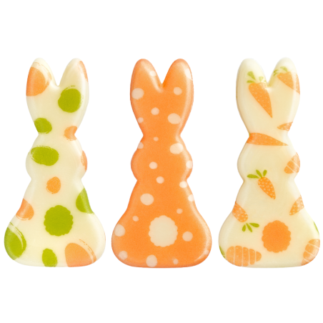 135 szt. ZAJĄCE 33748 BARBARA DECOR czekoladowy zestaw dekoracji z wielkanocnym nadrukiem w 3 wzorach 20 x43 mm