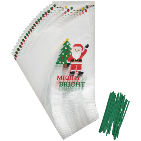 op. 20 szt. Celofanowe woreczki do pakowania pierniczków - świąteczny wzór z życzeniami - Wilton