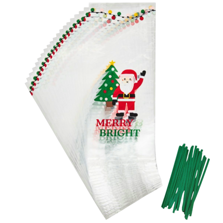 op. 20 szt. Celofanowe woreczki do pakowania pierniczków - świąteczny wzór z życzeniami - Wilton