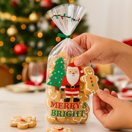 op. 20 szt. Celofanowe woreczki do pakowania pierniczków - świąteczny wzór z życzeniami - Wilton