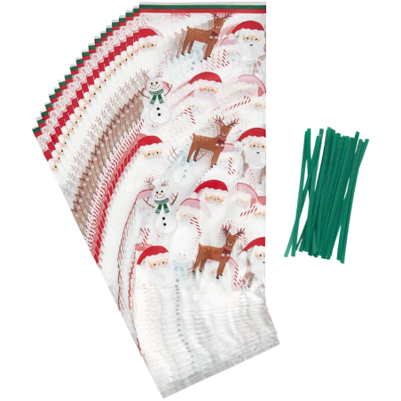 op. 20 szt. Celofanowe woreczki do pakowania pierniczków - świąteczny wzór - dł. 241 x szer. 101 mm - Wilton