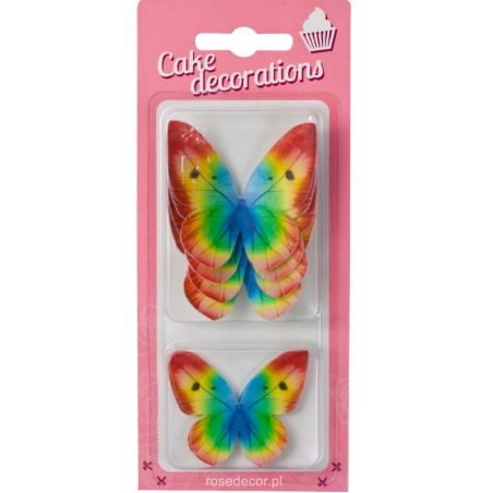 8 szt. MOTYLE TĘCZOWE 240005 ROSE DECOR jadalna dekoracja waflowa w kształcie motyli w kolorach tęczy