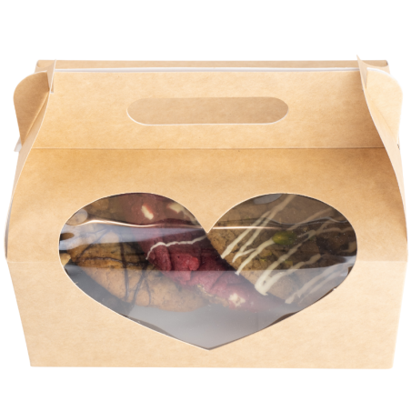 1 szt. KRAFTOWE PUDEŁKO Z OKIENKIEM W KSZTAŁCIE SERCA PS50 FS OPAKOWANIA 190 x 140 x h 90 mm pudełko samoskładające z rączką