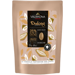 op. 250 g Blond Dulcey 35% Valrhona - kremowa biała czekolada z nutami biszkoptów i karmelu - kaletki w ciepłym kolorze blond