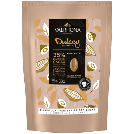 op. 250 g Blond Dulcey 35% Valrhona - kremowa biała czekolada z nutami biszkoptów i karmelu - kaletki w ciepłym kolorze blond