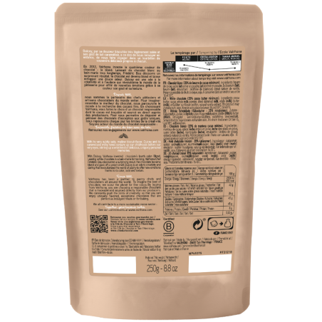 op. 250 g Blond Dulcey 35% Valrhona - kremowa biała czekolada z nutami biszkoptów i karmelu - kaletki w ciepłym kolorze blond