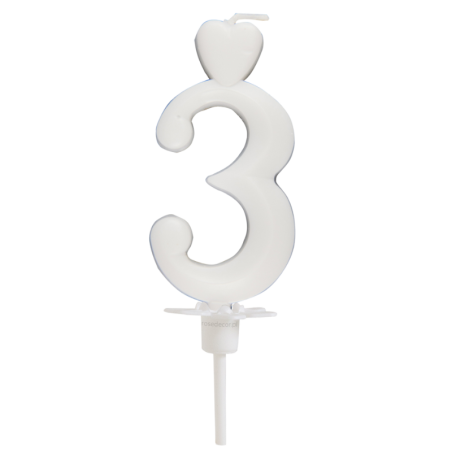 Cyfra 3 - biała świeczka urodzinowa do tortu - dł. 65 mm - nr. kat. 760103 Daisy Decor