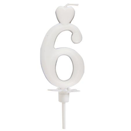Cyfra 6 - biała świeczka urodzinowa do tortu - dł. 65 mm - nr. kat. 760106 Daisy Decor