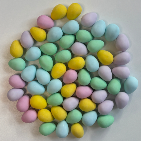 op. 200 g Małe czekoladowe jajka z nadzieniem - pastelowy mix kolorów - dł. 18 x szer. 13 mm - Dekorpol
