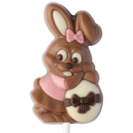 op. 25 g - króliczek w różowym ubranku - dekoracyjny lizak z mlecznej czekolady - dł. 162 mm - nr. kat. 10799
