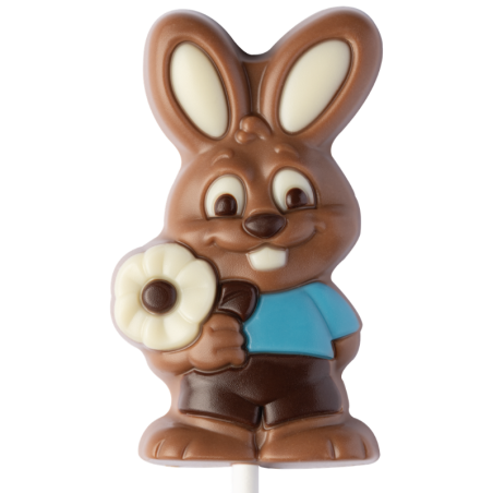 op. 25 g - króliczek w niebieskim ubranku - dekoracyjny lizak z mlecznej czekolady - dł. 162 mm - nr. kat. 10799