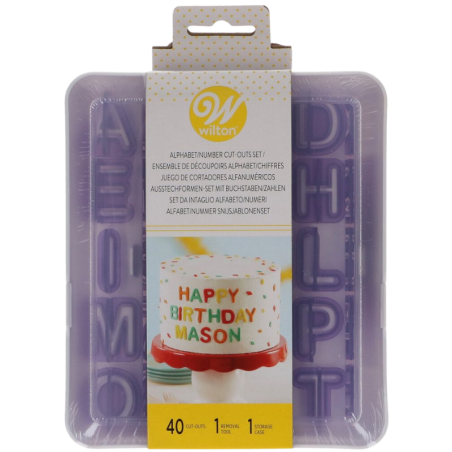 Zestaw foremek do wycinania napisów z masy cukrowej - drukowane litery + cyfry + znaki specjalne - Wilton