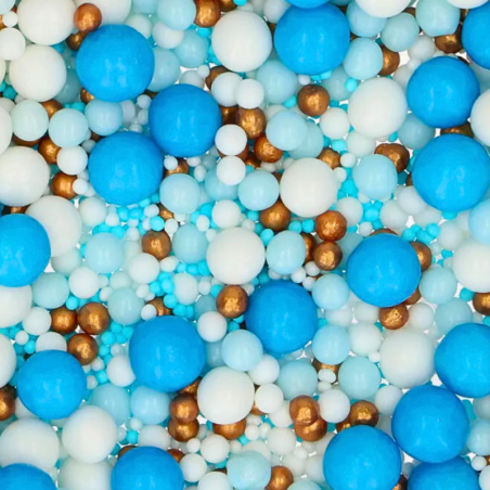 op. 80 g Blue Celebration - mieszanka perełek cukrowych w różnych rozmiarach - posypka dekoracyjna - Fun Cakes