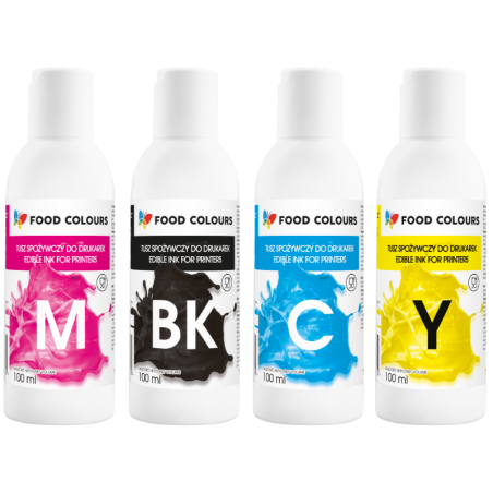 op. 4 x 100 ml Tusz spożywczy w płynie - zestaw czterech podstawowych kolorów do drukarek - nr. kat. WS-LD-SET-100 Food Colours