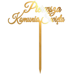 Złoty lustrzany Topper - Pierwsza Komunia Święta - akrylowa dekoracja na tort - wys. 16.5 x szer. 13 cm - nr. kat. 045LZ