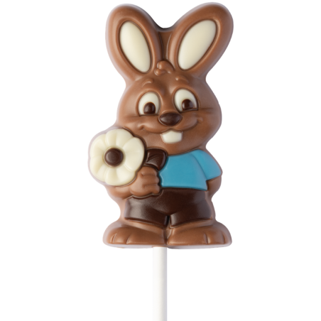 op. 25 g - króliczek w niebieskim ubranku - dekoracyjny lizak z mlecznej czekolady - dł. 162 mm - nr. kat. 10799