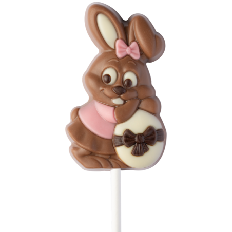 op. 25 g - króliczek w różowym ubranku - dekoracyjny lizak z mlecznej czekolady - dł. 162 mm - nr. kat. 10799