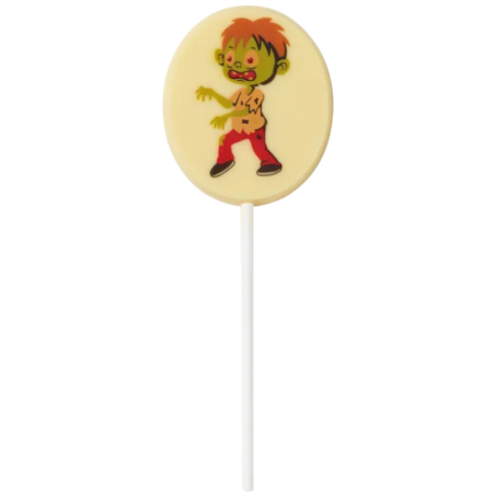 op. 25 g - Zombie - dekoracyjny lizak z białej czekolady na Halloween - dł. 156 x szer. 56 mm