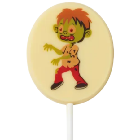 op. 25 g - Zombie - dekoracyjny lizak z białej czekolady na Halloween - dł. 156 x szer. 56 mm