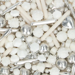 op. 70 g Srebrna mieszanka posypek cukrowych do dekoracji tortu weselnego - Silver Lining - Fun Cakes