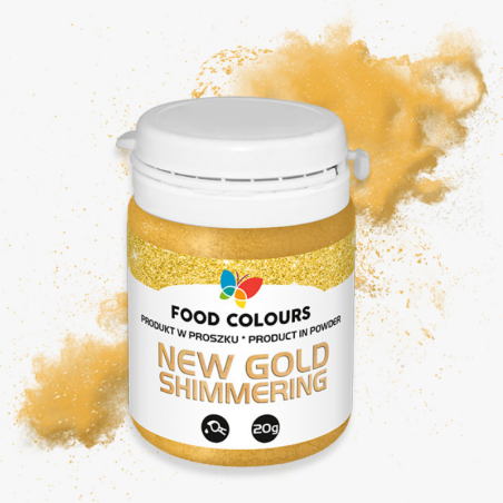 op. 20 g New Gold Shimmering - złoty pyłek do dekorowania powierzchni wyrobów cukierniczych - nr. kat. WS-P-155-N Food Colours