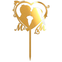 Złoty Topper - Para Młoda w sercu - lustrzana dekoracja na tort weselny - wys. 19 x szer. 11.5 cm - nr. kat. 048LZ