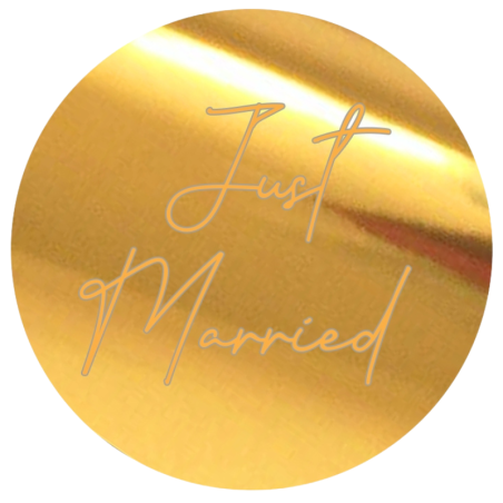 Złote koło z napisem Just Married - lustrzana dekoracja na tort weselny - wys. 6 x szer. 6 cm - nr. kat. 281LZ