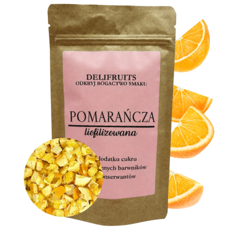 op. 100 g Pomarańcza liofilizowana - miąższ ze skórką - grys - chrupiąca posypka owocowa