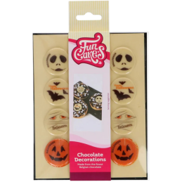 op. 12 szt. Halloween - zestaw gotowych dekoracji czekoladowych w czterech wzorach - śr. 38 mm - nr. kat. F50630 Fun Cakes